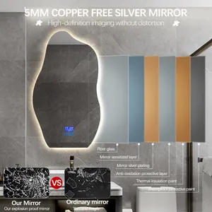 Espejo de baño con forma Irregular, impermeable, pantalla táctil personalizada, Led, desnebulizador
