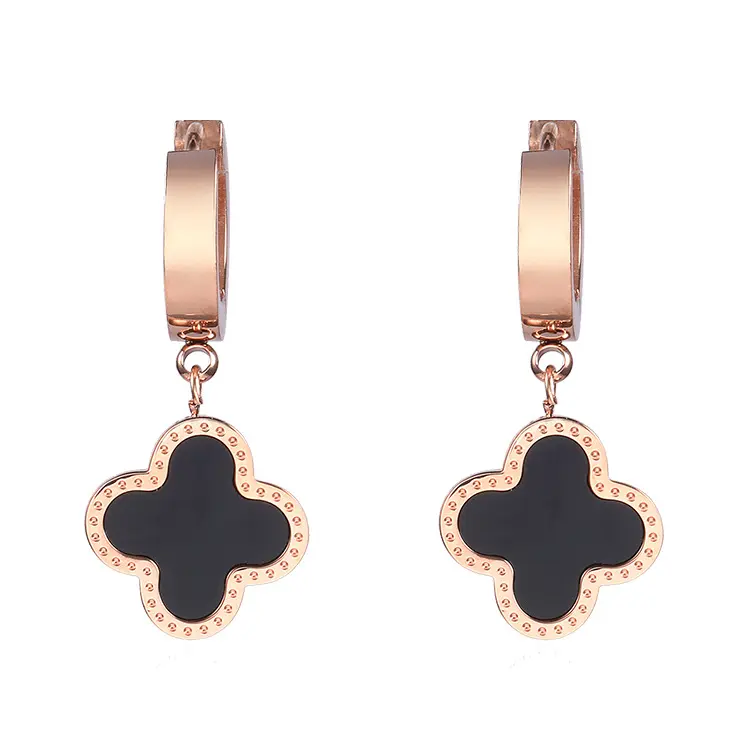 316L Tùy Chỉnh Rose Four-Leaf Clover Bông Tai Của Phụ Nữ Rose Gold Hoop Bông Tai Thép Không Gỉ Nhỏ Drop Earring