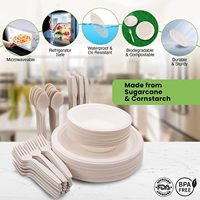Assiette Biodégradable Jetable en Canne à Sucre avec Couverts en Amidon de Maïs Couteau Fourchette Cuillère Ensemble de Vaisselle Jetable en Canne à Sucre