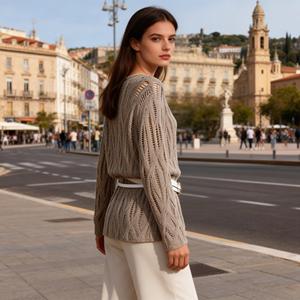 Top da <span class=keywords><strong>donna</strong></span> <span class=keywords><strong>beige</strong></span> lavorato a maglia traforato, casual, a maniche lunghe, girocollo, vestibilità ampia, per la primavera estate - Product Image 3