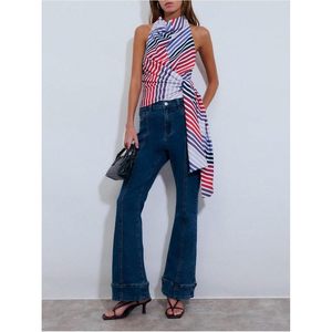 FOXA Women's Striped Cowl Neck Halter <b>Top</b> Sleeveless Wrap Tie Waist Open Back Tank <b>Top</b> - Product Image 5