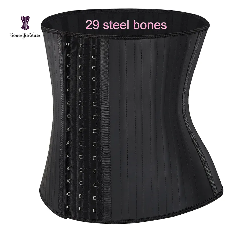 Glitter 100% latex 29 Steel Bones Underbust Waist Corsets Cincher Black 3 Hooks Latex Breathable Waist Trainer Plus size