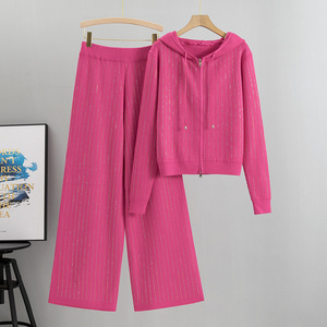 Women's Knitted Hooded Zipper <b>Sweater</b> <b>Set</b> With Wide Leg Pants Breathable Polyester Two Piece Suit For Casual Wear Autumn Winter - Product Image 3