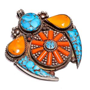 Colgante de Piedra Preciosa de Coral Turquesa Natural, Joyería Tibetana Nepalí de Plata - Product Image 3