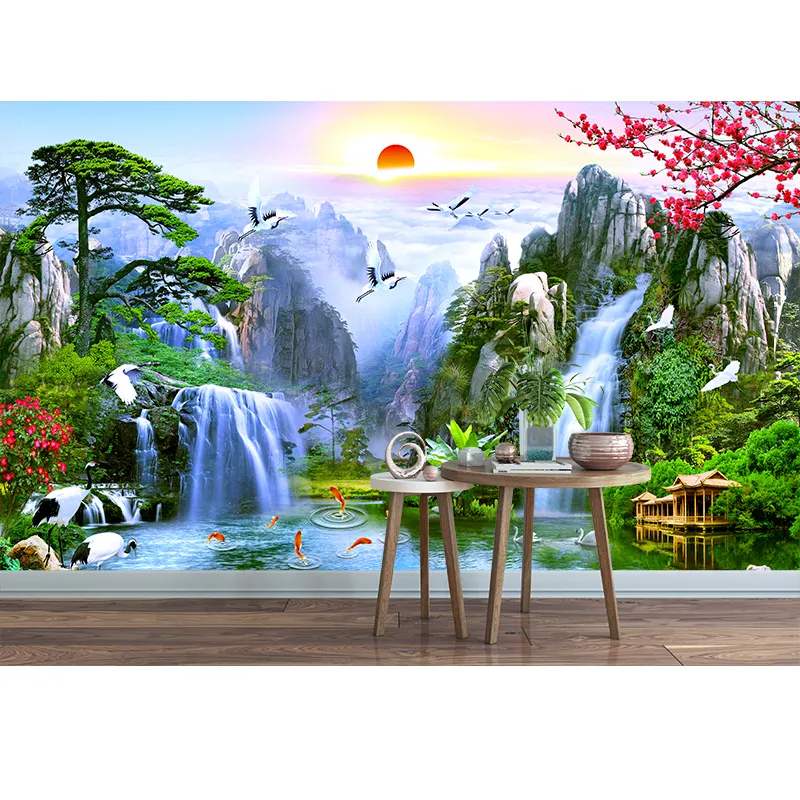 Chinese Style Landscape Paintings Wall Mural Sunrise Mountain Waterfalls Red-crowned Crane Wallpaper Self Adhesive