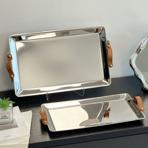 Elegante bandeja de metal inoxidable y ecológica para servir café con forma rectangular decorativa con asas para hoteles - Product Image 6