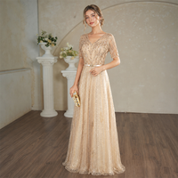 Robe de soirée longue couleur or champagne, col en V, coupe trapèze, ornée de perles et de sequins, à manches courtes, broderie florale, sur mesure, vente en gros