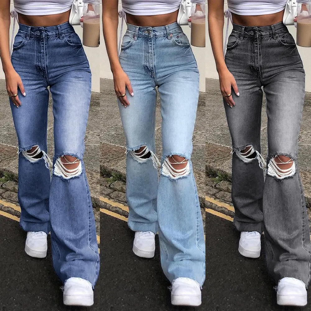 New Casual fashion Zipper pocket wide leg pants ripped flare denim womens jeans
