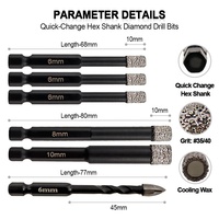 6 pièces/1 ensemble 6 + 6 + 6 + 8 + 10MM + 6mm ajustement rapide tige hexagonale scie cloche brasé sous vide foret à noyau de diamant et mèche en carbure d'alliage dur