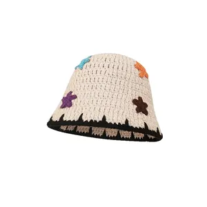 หมวกแฟชั่นถักโครเชต์สำหรับผู้หญิงหมวกชาวประมงถักด้วยมือโลโก้สีทึบสำหรับฤดูร้อน