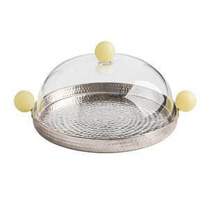 Hammered Metal Chocolate Serving <b>Tray</b> with Clear <b>Glass</b> Dome Cover Luxury Cake Stand Dessert Platter Food Server Display Holder - Product Image 1