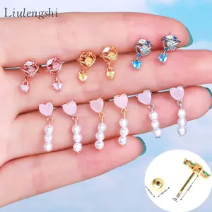 Cute Pink CZ Heart Freshwater Pearl Drop Piercing Earrings Dainty Colorful Crystal Plant Dangle Cartilage Earrings For Her
