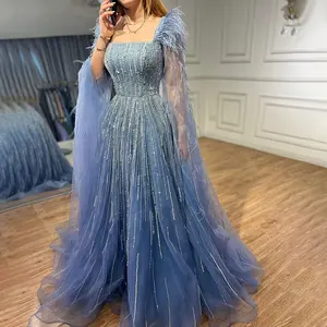 Vestidos de noite azul com mangas e penas, vestidos de noite serenos para casamento em Dubai, Hill LA72236, para mulheres, 2024