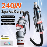 Kabel Pengisian Cepat 240W 4-in-1 Berbahan Paduan Seng dengan Jalinan Kabel USB a ke Type-C, Chip L E-Marker, Mendukung Carplay Carlife, Sinkronisasi Data