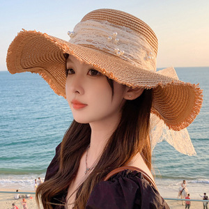 Chapeau de soleil en <span class=keywords><strong>papier</strong></span> à large bord pour femme, motif Argyle, avec nœud, protection UV, idéal pour l'été et les vacances à la plage, vente en gros de haute qualité - Product Image 3