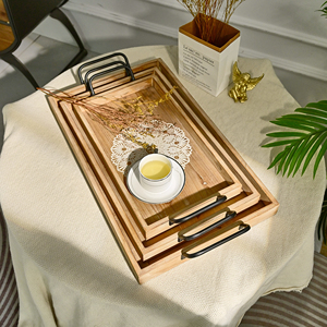 HOME Living Room Rustic Rectangle Wood Flower Carved <b>Tray</b> with Metal Handle - Product Image 2