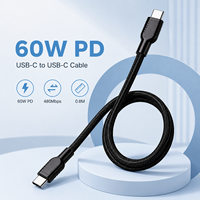 Câble USB-C Type-C de 0,8 m, 60 W, 3 A, charge rapide, cuivre étamé, plastique, nylon tressé, pour banque d'alimentation, appareils mobiles