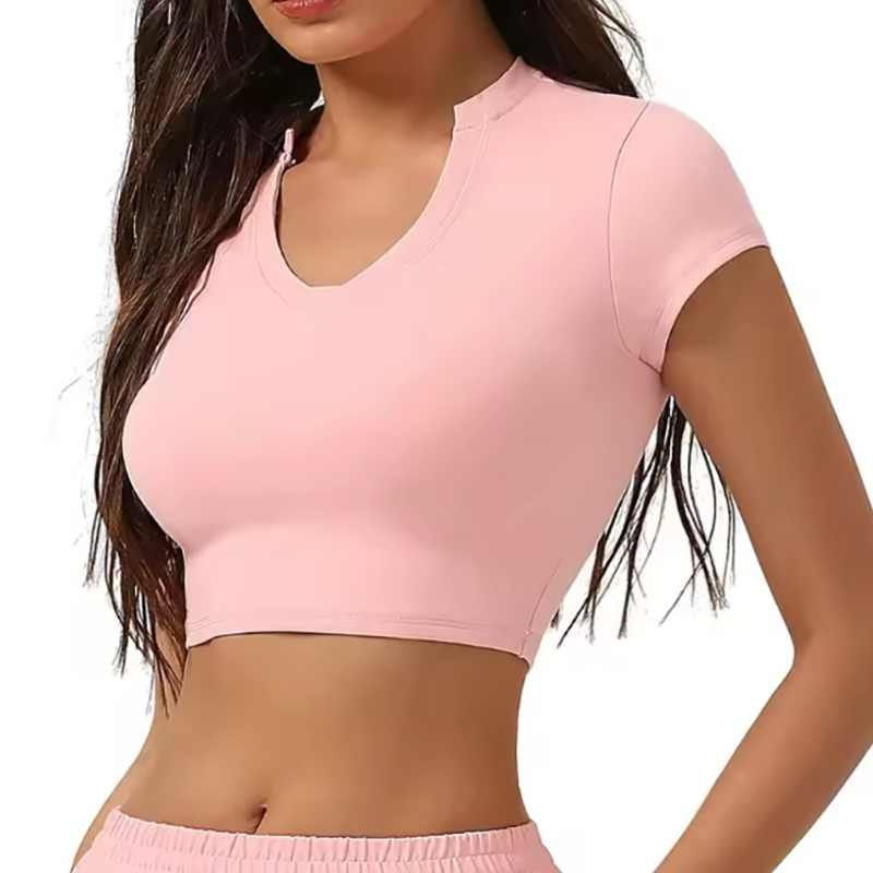 Women's Loose New Summer T-Shirt Casual Solid V-Neck Gym Crop Tops for Sports Yoga Anti-Pilling Woven Spring Workout Crop Tops