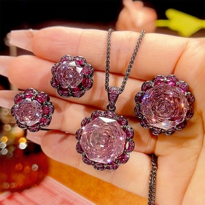 Fashion Eco-friendly Copper Women Wedding Jewelry <b>Sets</b> 16-10mm Dried Rose Cubic Zirconia Black Gold Plated Bridal Matching <b>Set</b> - Product Image 2