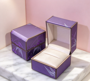 High-End <b>Purple</b> Brocade Fabric Square Box with Elegant Bamboo Leaf Jacquard Pattern Magnetic Closure Metallic Trim Strips - Product Image 5