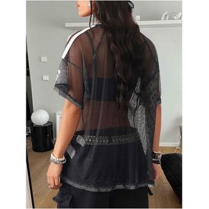T-shirt en maille transparente pour femme FOXA, coupe ample, manches courtes avec patchs, style rockstar, idéal pour les soirées - Product Image 2