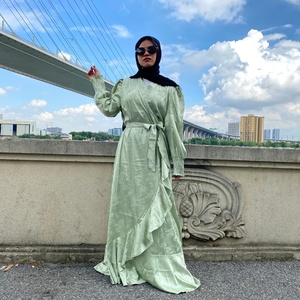 6572# Pretty Small Flowers Print V Neck Long Pleated Elastic Sleeves Special Bottom Fashion <b>Dress</b> Satin Material - Product Image 5