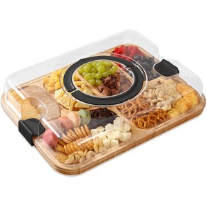 Portable Bamboo Wood <b>Tray</b> With Compartments And Lid For Picnic <b>Snacks</b> Fruit Storage Outdoor Use - Product Image 2