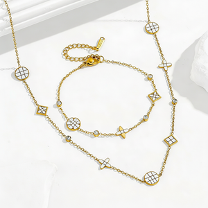 Set di Gioielli in Acciaio al Titanio con Collana e Bracciale a Quadrifoglio, Impermeabile, Placcato Oro 18K con Zirconi CZ - Product Image 2