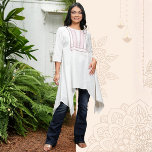 Asymmetrical Hem Round Neck Embroidery <b>Kurta</b> <b>Top</b> Apparel Dresses Wholesale for Women - Product Image 6