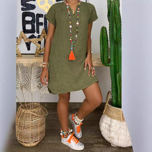 Robe d'été en lin de coton à manches courtes et col en V, couleur unie, mode féminine, vêtements confortables et respirants - Product Image 4
