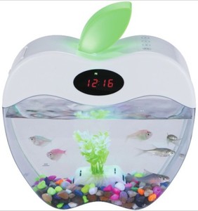 水槽 USB ミニ水槽 アップルフィッシュタンク LEDライト付き LCDディスプレイと時計付き 魚タンク装飾 - Product Image 1