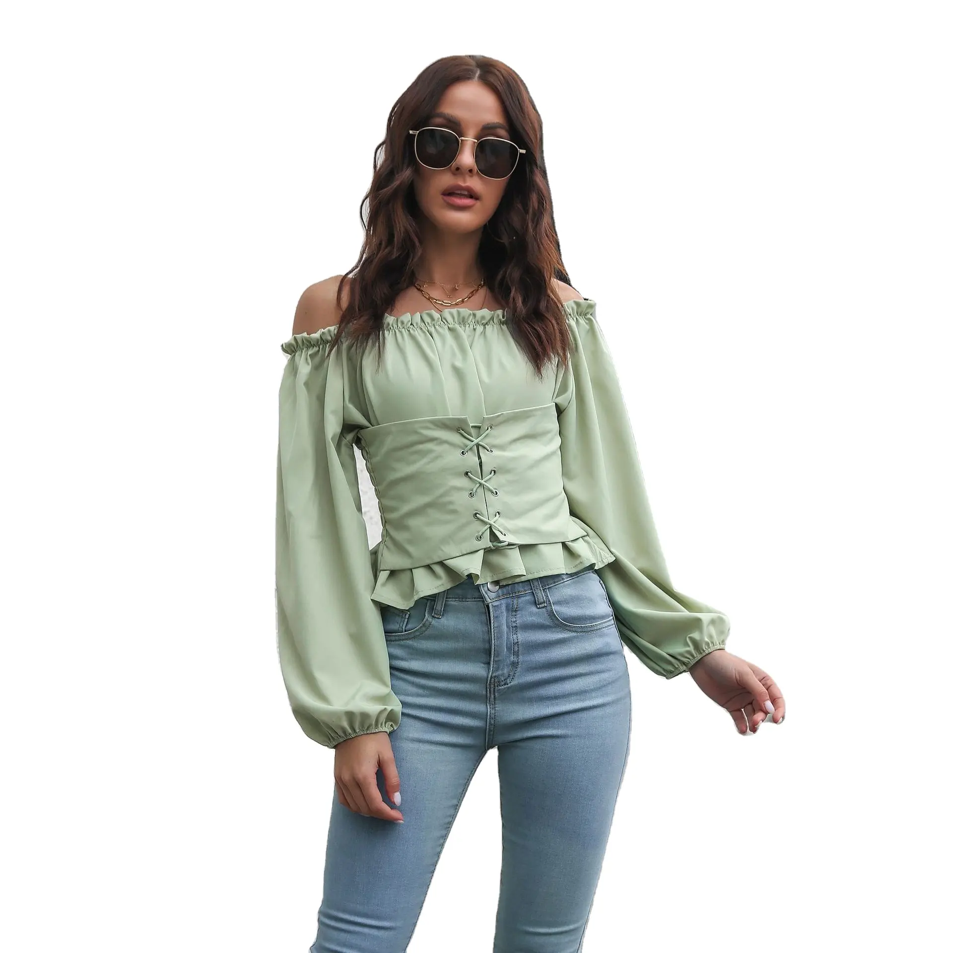 Women Summer Elegant Shirts Casual Oversize Tops off shoulder Sexy Pullover Ruffles bandage summer blouses
