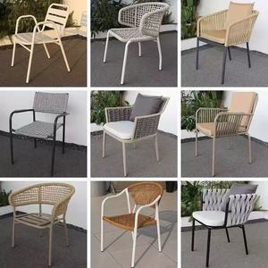 Modern Outdoor Rope Woven <b>Cushioned</b> Armchair with Metal Legs for Patio Dining and Garden Terrace - Product Image 3