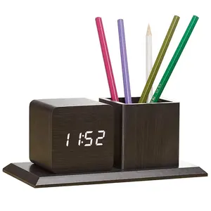 Holzuhr mit Stift halter LED-Ziffern Licht akustische Ton steuerung Thermometer Schreibtisch Tisch Wecker für Büro Student Geschenk