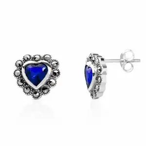 Dainty 925 Sterling Silver Heart Shape Sapphire Marcasite Gem Stone Stud Earring Jewelry