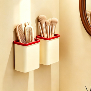 <b>Wall</b> <b>Mounted</b> Storage Box Off White Red Cosmetic Organizer For Bathroom Toilet Makeup Brush Comb <b>Toothbrush</b> <b>Holder</b> - Product Image 1