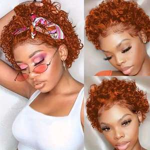 Perruque <span class=keywords><strong>courte</strong></span> bouclée couleur gingembre, <span class=keywords><strong>coupe</strong></span> pixie 13x1 # Perruque Lace Front 350 en <span class=keywords><strong>Cheveux</strong></span> Humains pour Femmes - Product Image 3