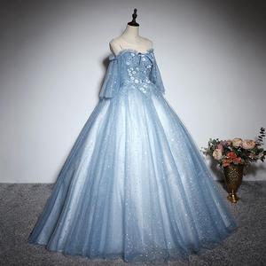Blue Off Shoulder Tulle Ball Gown With Floral Embroidery For Women Stage Performance Dress Long <b>Skirt</b> - Product Image 2