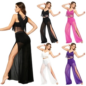 Conjunto de Danza Lírica para Mujer, con Top Corto con Flecos y Pantalones Anchos de Malla, para Fiestas Temáticas de Entrenamiento, Traje de Danza Moderna - Product Image 1