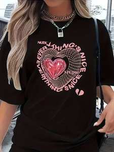 T-shirt nera da donna Nurk, vestibilità slim, manica corta, in jersey di cotone, stampa cuore rosa, girocollo, casual, per tutte le stagioni, lavabile in lavatrice - Product Image 3