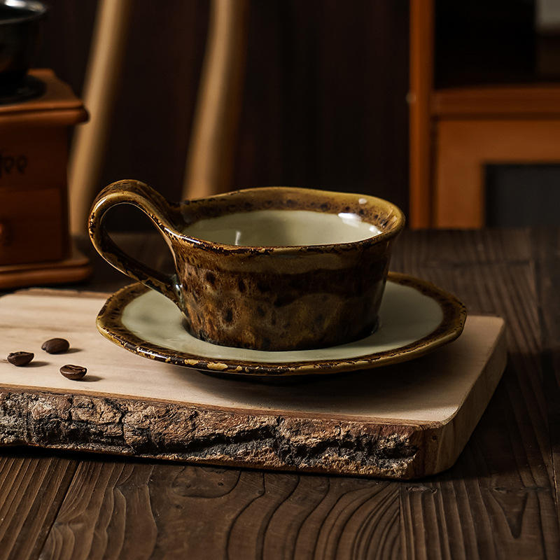 Brown kiln-fired coffee cups and saucers