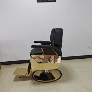 Sillón de Barbería Moderno de Cuero Sintético Negro con Estructura Metálica Dorada, Altura Ajustable, Bomba Hidráulica y Base Redonda, Mueble de Salón - Product Image 6
