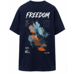 เสื้อยืดคอกลมพิมพ์ลายกราฟิก Freedom สีกรมท่า ผ้าฝ้ายนุ่ม ทรงโอเวอร์ไซส์ สำหรับผู้ชาย ทรงหลวม สไตล์ลำลอง สตรีทแวร์ เสื้อท็อปส์ฤดูร้อน - Product Image 3