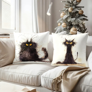 Set empat bantal hiasan berbentuk kucing hitam yang unik dengan dekorasi liburan yang meriah di latar belakangnya. - Product Image 4
