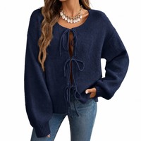 Cardigan en tricot personnalisé OEM à col rond et laçage frontal pour femme, vente en gros, marque privée, faible MOQ, échantillon