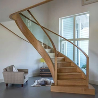 Escalier en colimaçon commercial classique moderne durable et écologique avec éclairage LED intérieur, en bois et verre, courbé, pour villa et appartement, avec rampe métallique