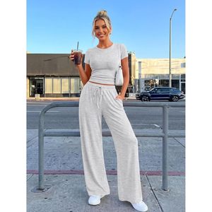 FOXA Women's 2 Piece <b>Lounge</b> Set Short Sleeve Top Wide Leg Pants With Pockets Breathable Cotton Knitted Summer Outfit - Product Image 2