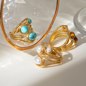 18k Gold Stainless Steel Round Blue Turquoise <b>Open</b> <b>Ring</b> Geometric Design Unisex Fashion Jewelry Gift - Product Image 4