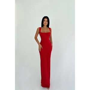 Vestido largo rojo de ganchillo con cuello redondo, cintura alta, silueta imperio, estilo vestido de gala con lentejuelas para bodas y banquetes, talla XS - Product Image 2