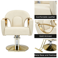 Chaise de coiffure hydraulique en PU blanc crème avec accoudoirs dorés pour salon de beauté